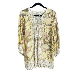 Joie Sheer Silk Floral Bohemian Tunic Top 3/4 Sle… - image 1